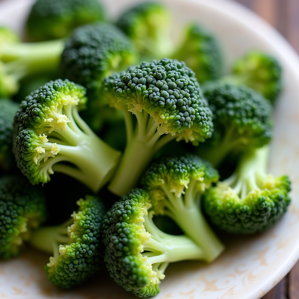 Steamed broccoli, soft texture, ready for baby food. Professional photography, 8K quality, sharp Brócolis cozido para bebê, textura macia.