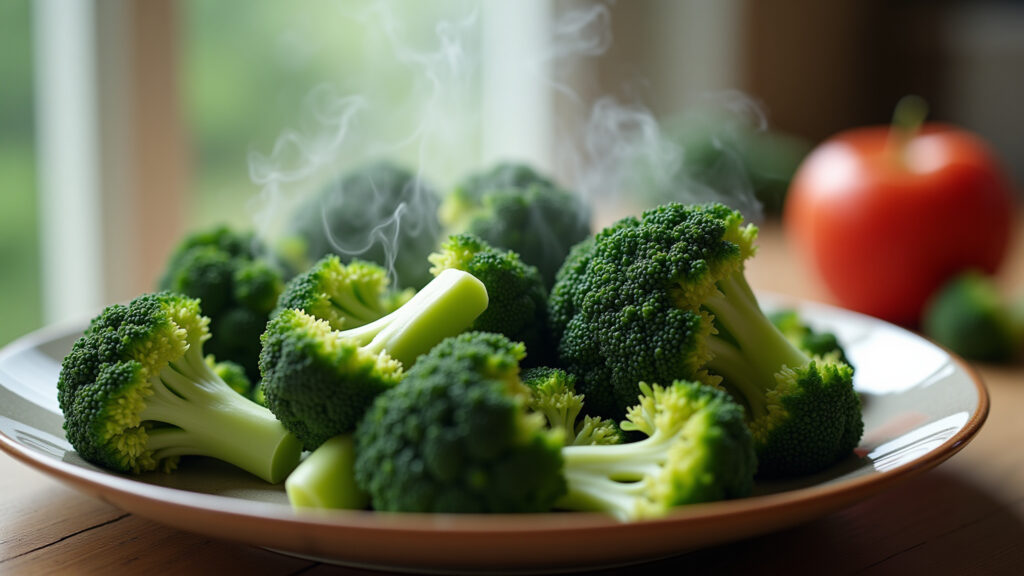 Steaming broccoli florets on a plate, vibrant green, natural lighting, professional photography, 8K Brócolis cozido no vapor, um aliado na prevenção de doenças cardíacas.