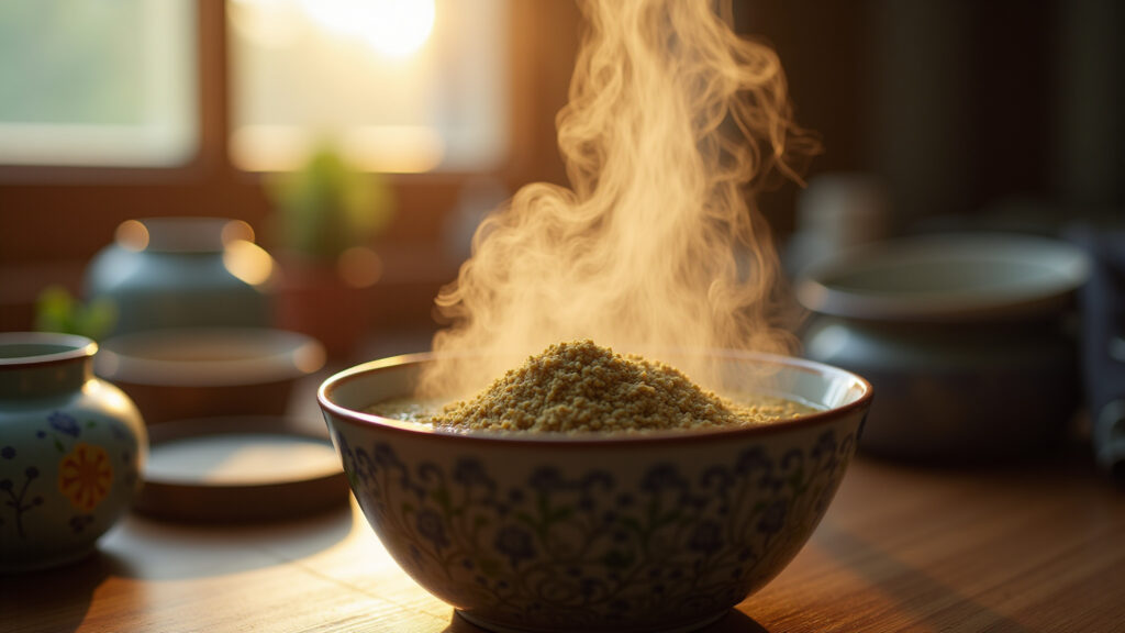 Steaming senna tea being prepared, focus on the steeping process, natural ingredients, warm light, Preparo correto do chá de sene para evitar desconfortos.