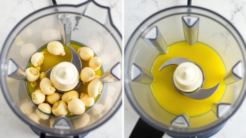 Step-by-step: garlic cloves being processed in a blender with olive oil, close-up, kitchen setting, Preparo da pasta de alho no liquidificador.