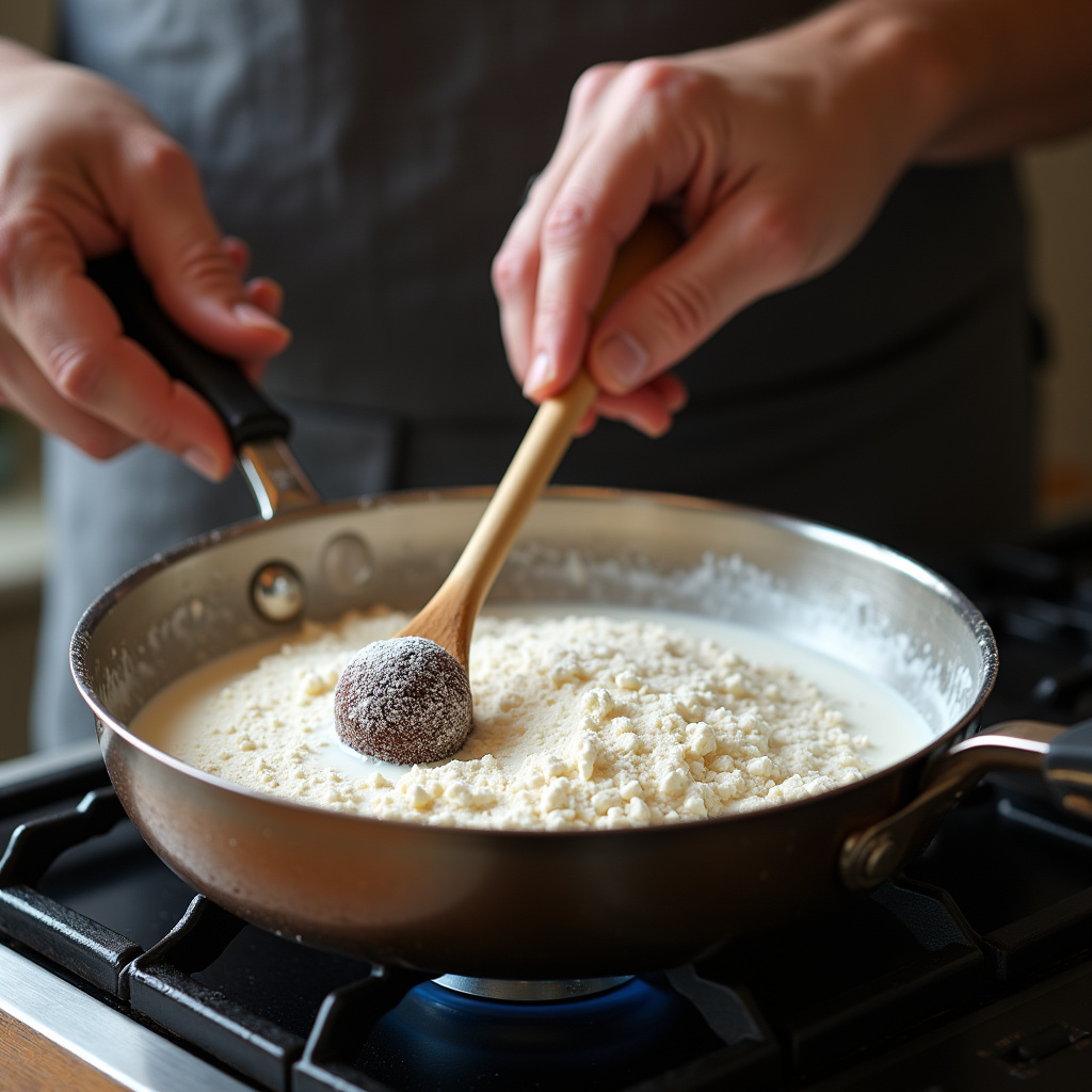 Step-by-step: Hands stirring brigadeiro with milk powder in a pan on a stove, low heat, wooden Preparo do brigadeiro com leite em pó.