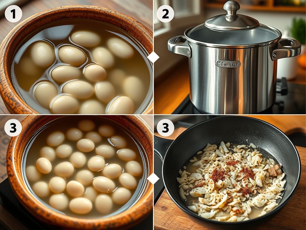 Colagem de fotos mostrando o passo a passo do preparo do feijão: remolho, cozimento na pressão, refogado de alho e cebola, e combinação dos ingredientes.