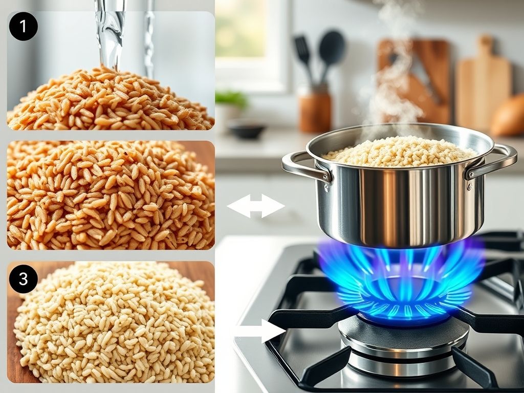 Guia visual passo a passo de como cozinhar arroz integral e quinoa, mostrando o processo desde a lavagem até o cozimento.