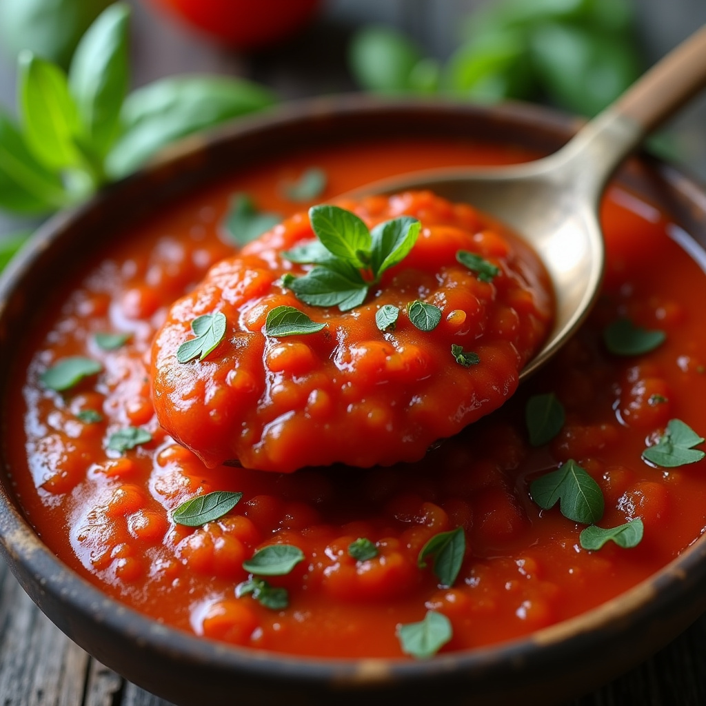 Thick homemade tomato sauce for pizza, oregano, basil, rustic spoon, natural light, 8K quality, Molho de tomate para pizza