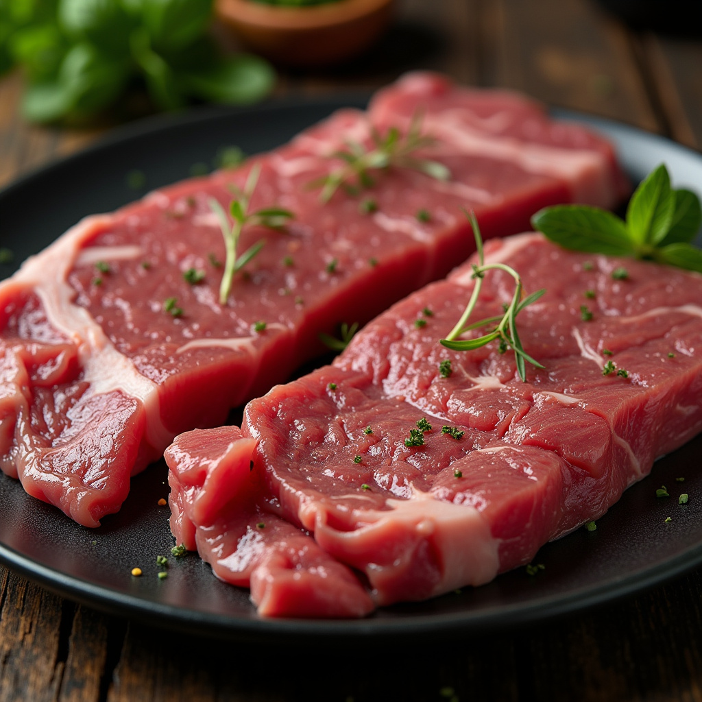 Thin cuts of meat (filet mignon, sirloin) on a plate, ready to grill, Brazilian style, 8k, sharp Cortes de carne ideais para churrasco sem fumaça.