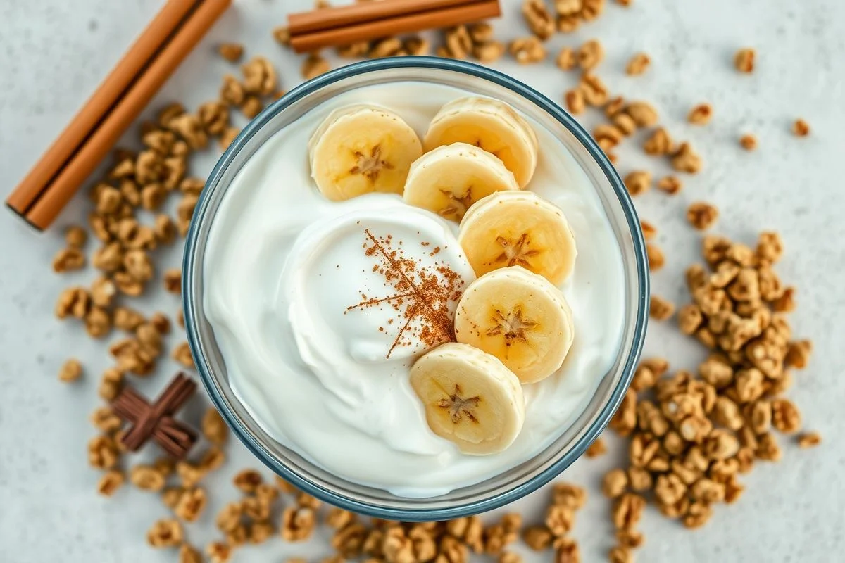 Café da manhã equilibrado com banana, iogurte e granola. Dieta para ganho de massa.