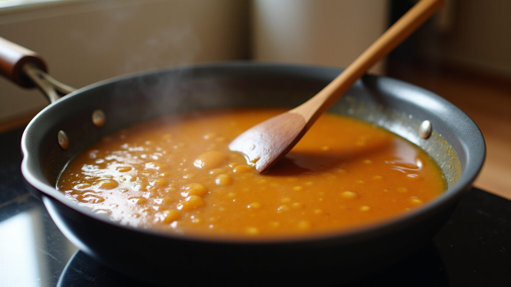 Traditional pan on stove, close-up, 'doce de leite' simmering, caramel color, wooden spoon Doce de leite caseiro cozinhando lentamente na panela tradicional.