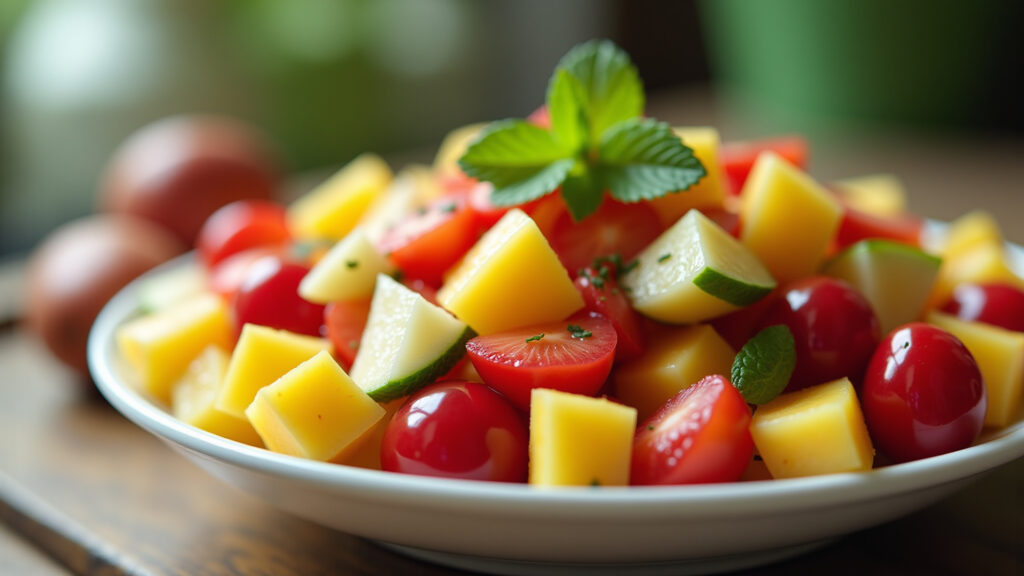 Tropical fruit salad bowl, vibrant colors, mint garnish, bright natural light, professional Salada de frutas colorida com hortelã e mel.