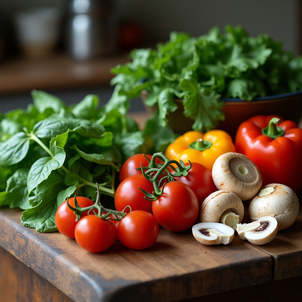 Variety of fresh vegetables (spinach, tomatoes, peppers, mushrooms) on a rustic kitchen counter, Verduras frescas para omelete.