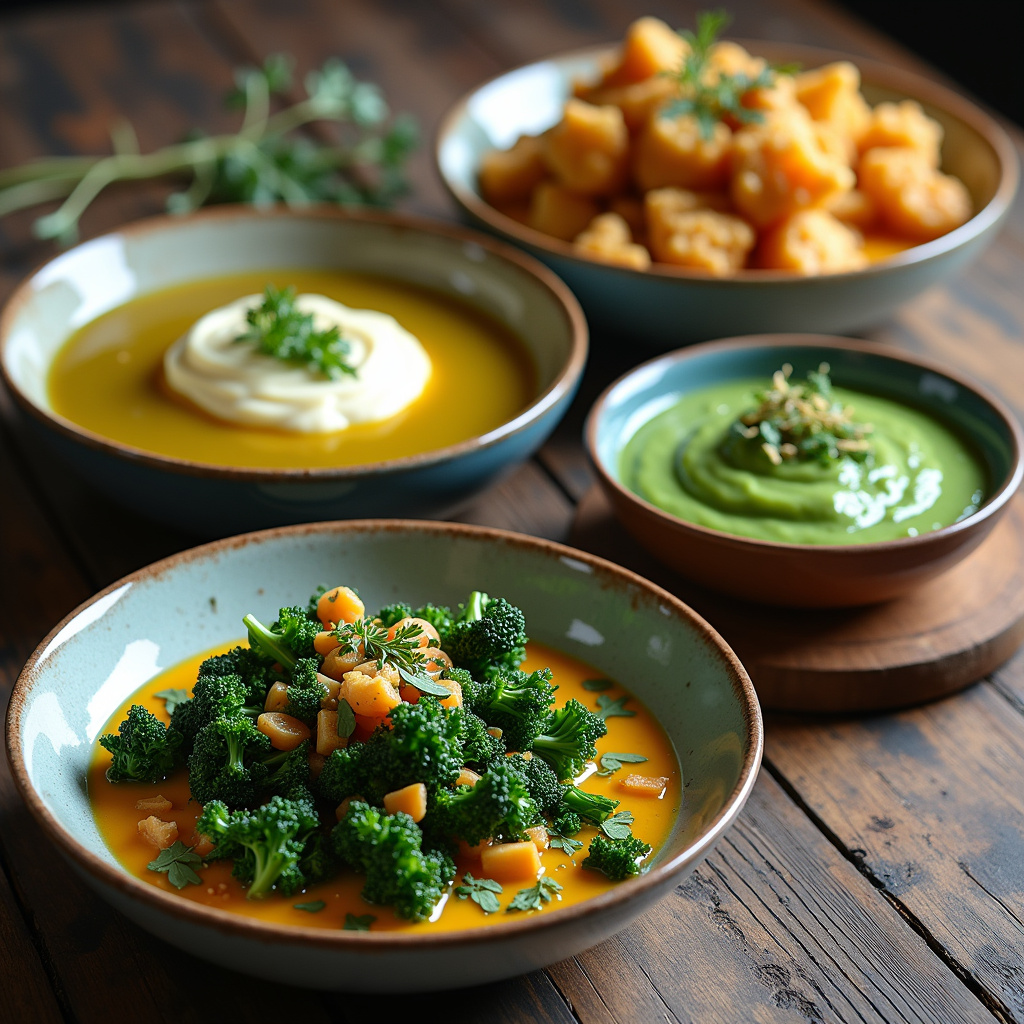 Various dishes with kale and cauliflower, soup, puree, stir-fry, creative recipes, professional Receitas com couve e couve-flor