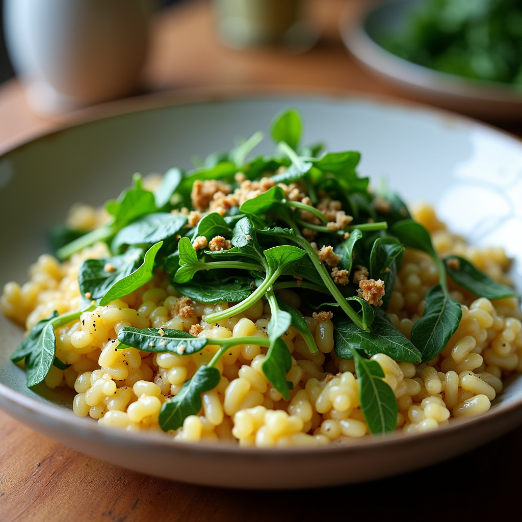 Vegan arugula risotto with nutritional yeast, vegetable broth, 8k, sharp focus, natural light, Risoto de rúcula vegano.