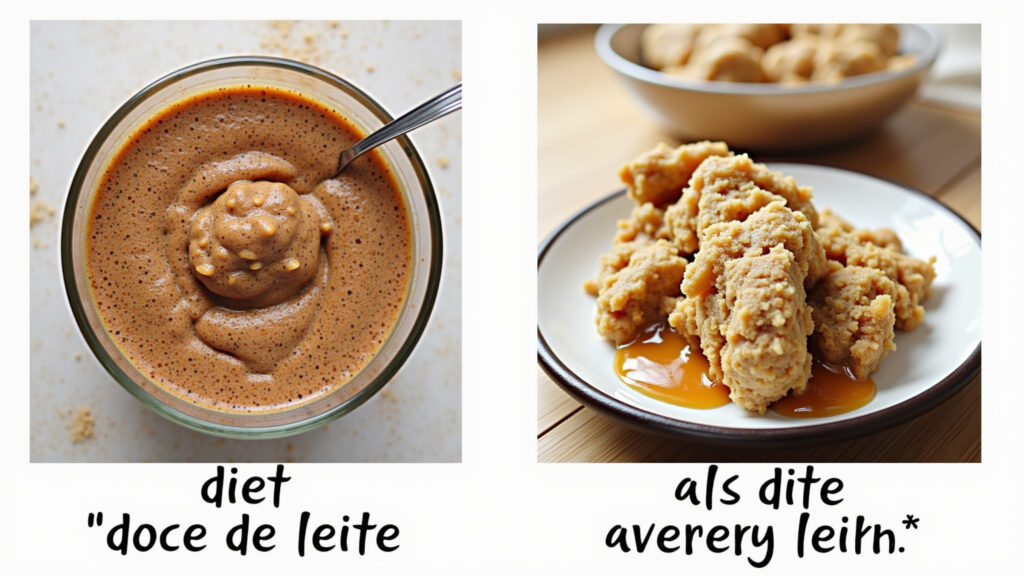 Vegan 'doce de leite' made with coconut milk, diet 'doce de leite' with sweetener, side by side Variações de receitas: doce de leite vegano e diet.