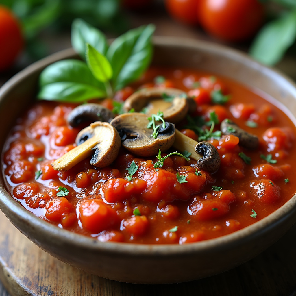 Vegan homemade tomato sauce with mushrooms, herbs, rustic bowl, natural light, 8K quality, sharp Molho de tomate vegano