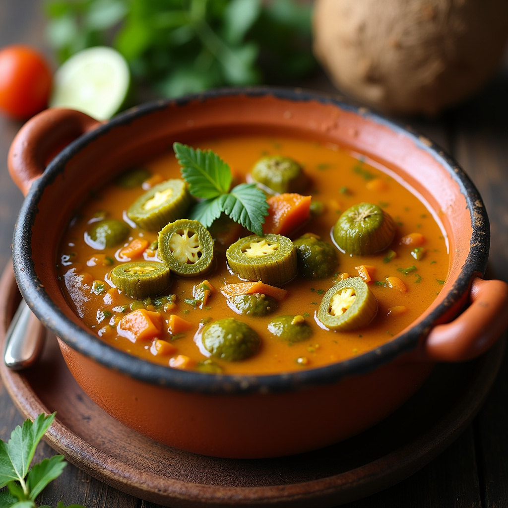 Vegan okra moqueca, coconut milk, vibrant colors, clay pot, natural light, professional Moqueca de quiabo vegana, delícia sem ingredientes animais.