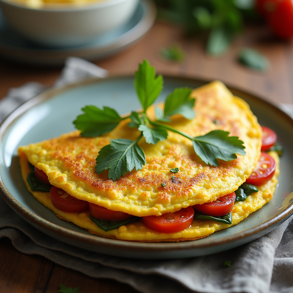 Vegan omelette made with chickpea flour and vegetables on a plate, plant-based, natural lighting, Omelete vegano de grão de bico.