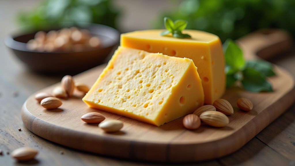 Vegan Pecorino cheese on a wooden board with nuts, professional photography, 8K quality, sharp Queijo Pecorino vegano com castanhas.