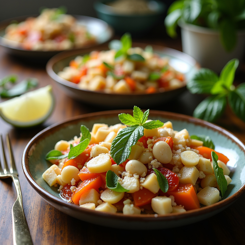 Vegan recipes with evaporated coconut milk, colorful ingredients, natural lighting, 8K quality, Receitas veganas com leite de coco evaporado.