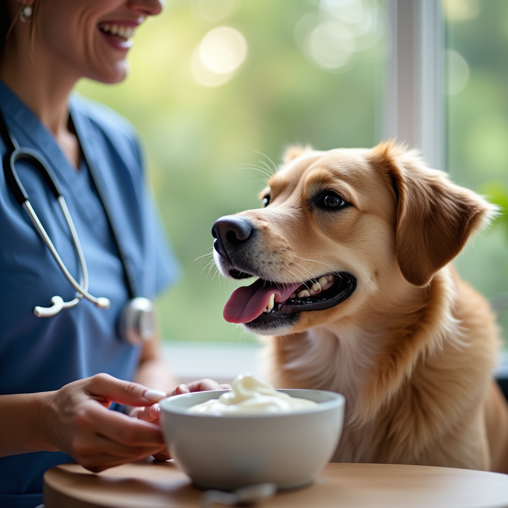 Veterinarian explaining benefits of natural yogurt for dogs, happy dog looking at yogurt, bright Veterinário explicando os benefícios do iogurte natural para cães.