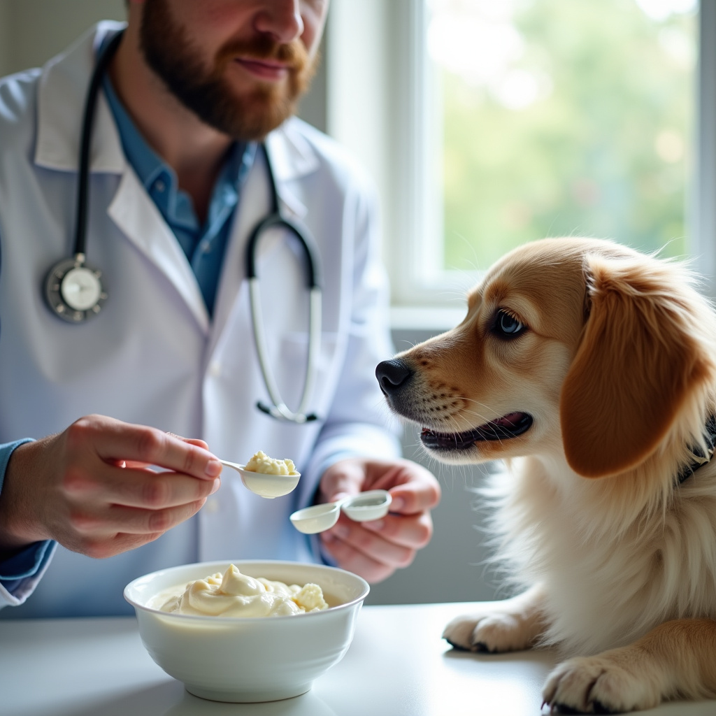 Veterinarian explaining safe yogurt portion size for dog, using measuring spoons, natural light, Veterinário explicando a quantidade ideal de iogurte para cães.