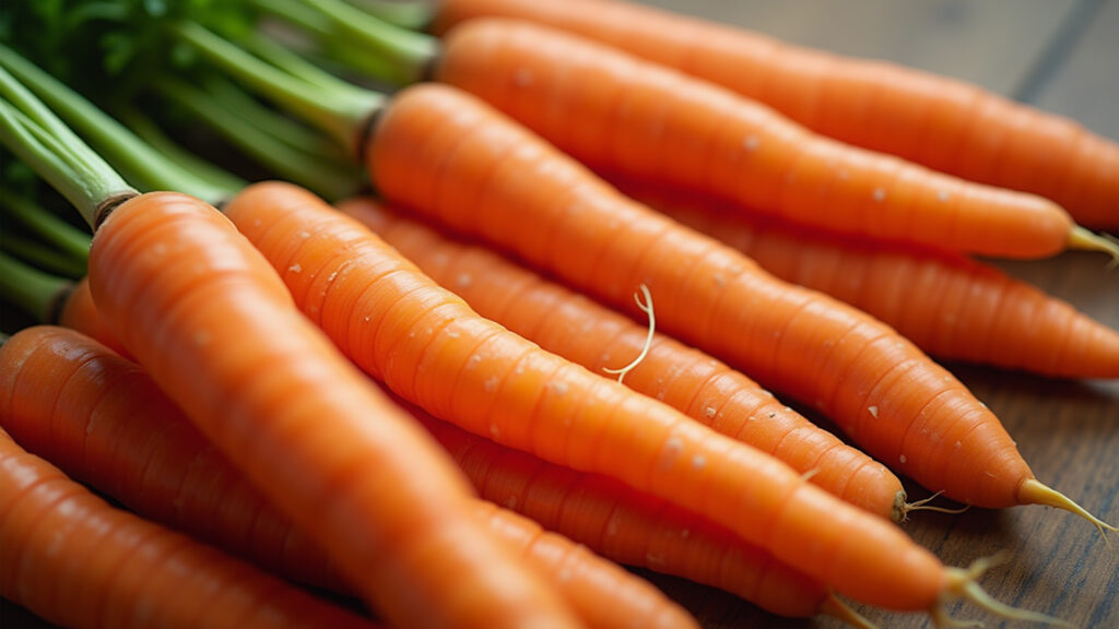 Vibrant orange carrots, natural lighting, professional photography, 8K quality, sharp focus, Cenouras frescas, betacaroteno para um coração forte e saudável.