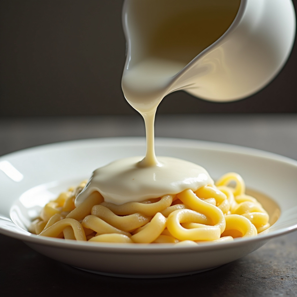 White sauce with evaporated milk, pouring over pasta, professional photography, 8K quality, sharp Molho branco com leite evaporado.
