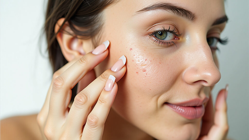 Woman applying diluted oregano oil on acne, clear skin, natural light, skincare routine, healthy Óleo de orégano para tratamento de acne.
