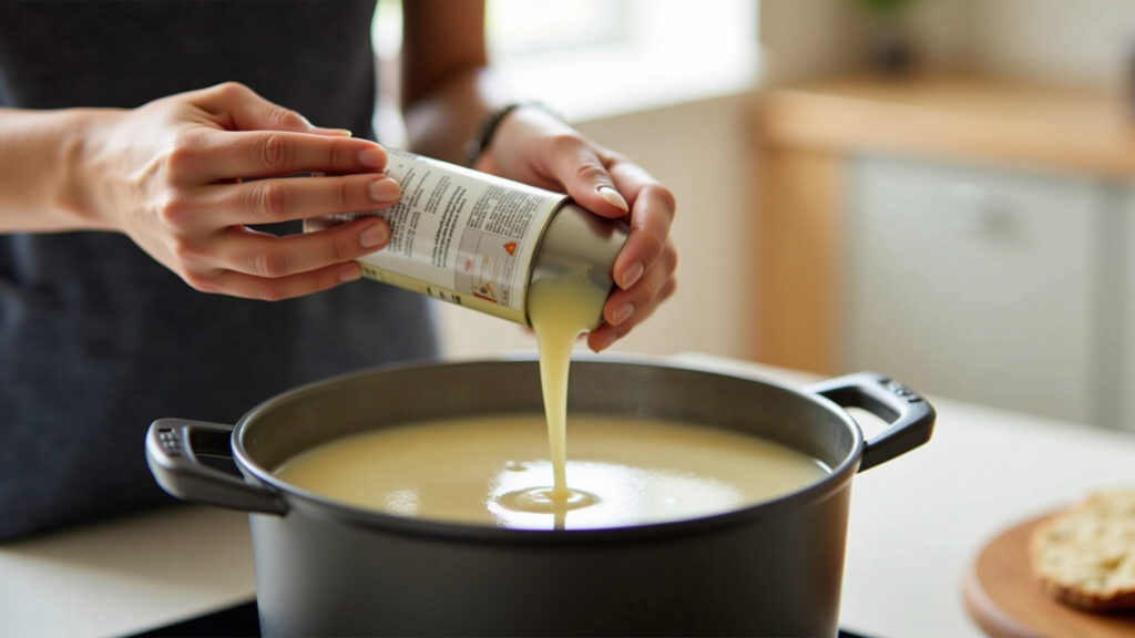 Woman carefully removing a cooled can of cooked condensed milk from a pot of water, kitchen Removendo com segurança a lata de leite condensado cozido da panela.