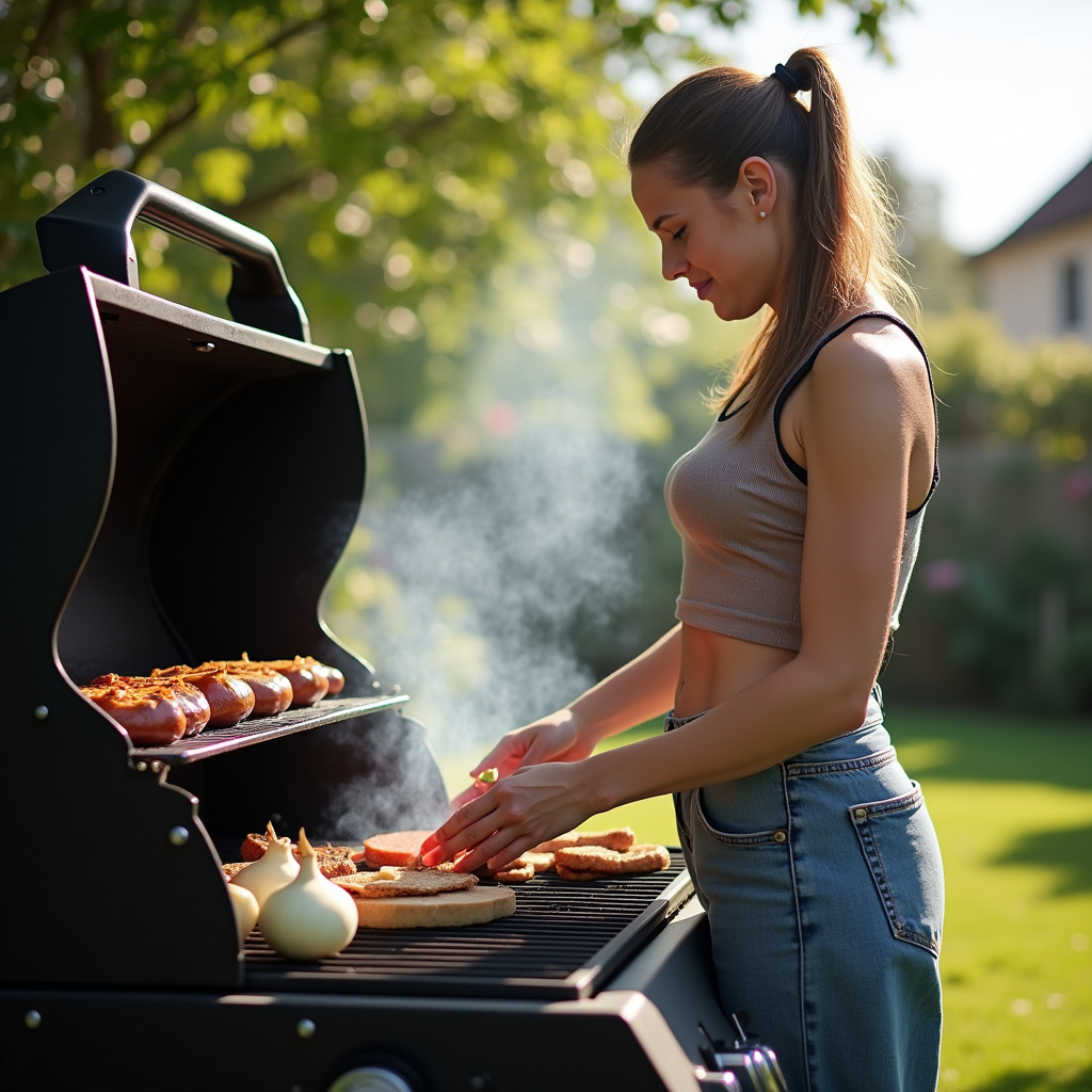 Woman cleaning cold BBQ grill with onion, backyard, sunny day, lifestyle photography, 8K quality, Limpando a grelha fria: truque da cebola também funciona.