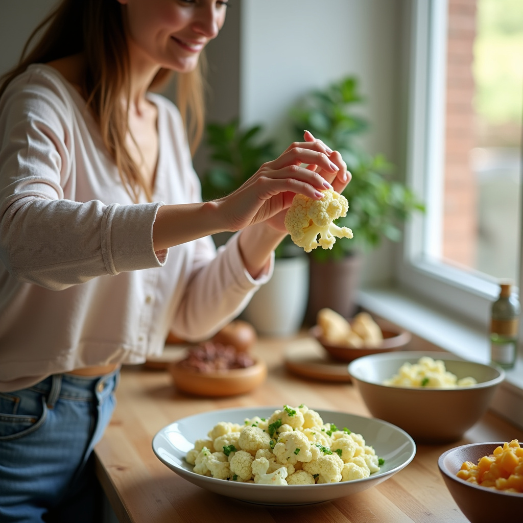 Woman cooking cauliflower, adding bread to reduce smell, bright kitchen, lifestyle photography, 8K Dica para cozinhar couve-flor sem cheiro forte