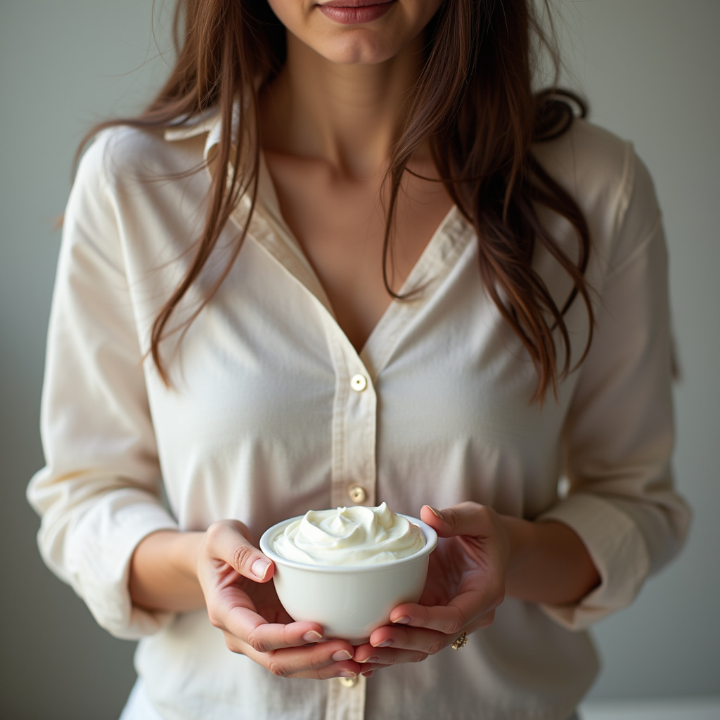 Woman experiencing discomfort after eating yogurt, holding her stomach. 8k quality, sharp focus, Mulher sentindo desconforto após comer iogurte.