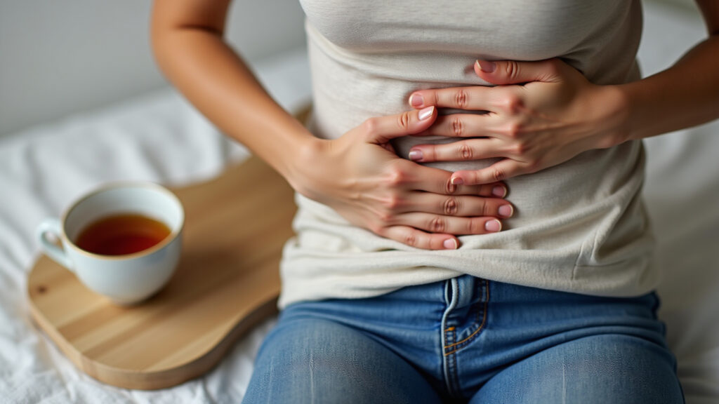 Woman gently massaging her stomach, cup of senna tea nearby, focus on relief, soft lighting, 8k, Alívio de cólicas causadas pelo chá de sene.