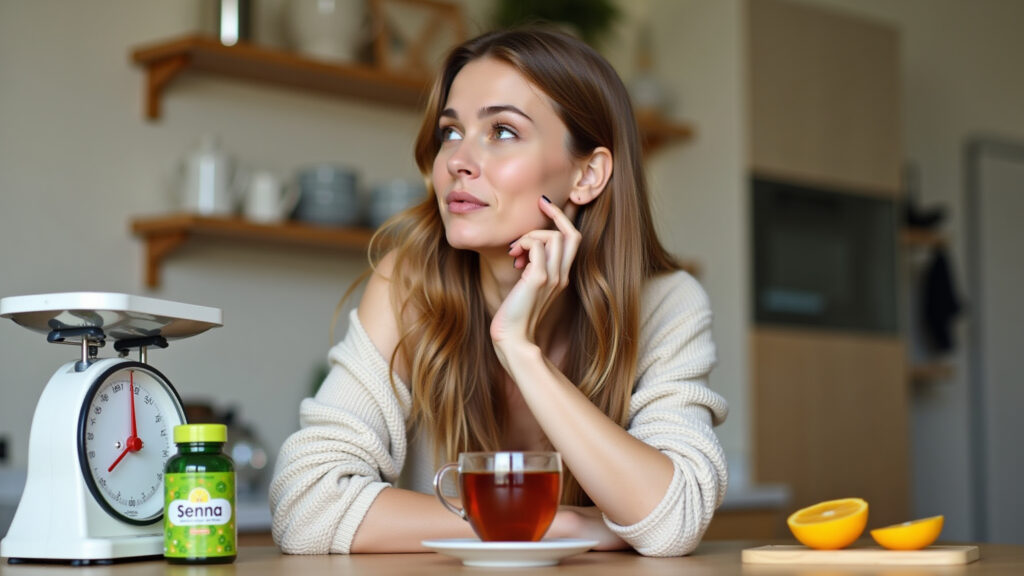 Woman looking thoughtful, holding senna tea, scale in background, healthy food on table, natural Chá de sene emagrece? A verdade sobre perda de peso.