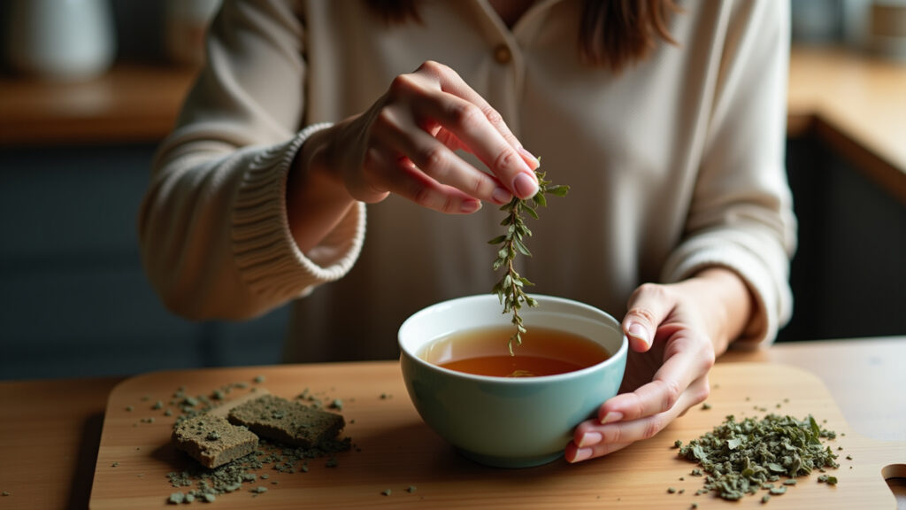 Woman preparing senna tea, focus on hands adding leaves to hot water, cozy kitchen setting, natural Preparando chá de sene: dosagem ideal para iniciantes.