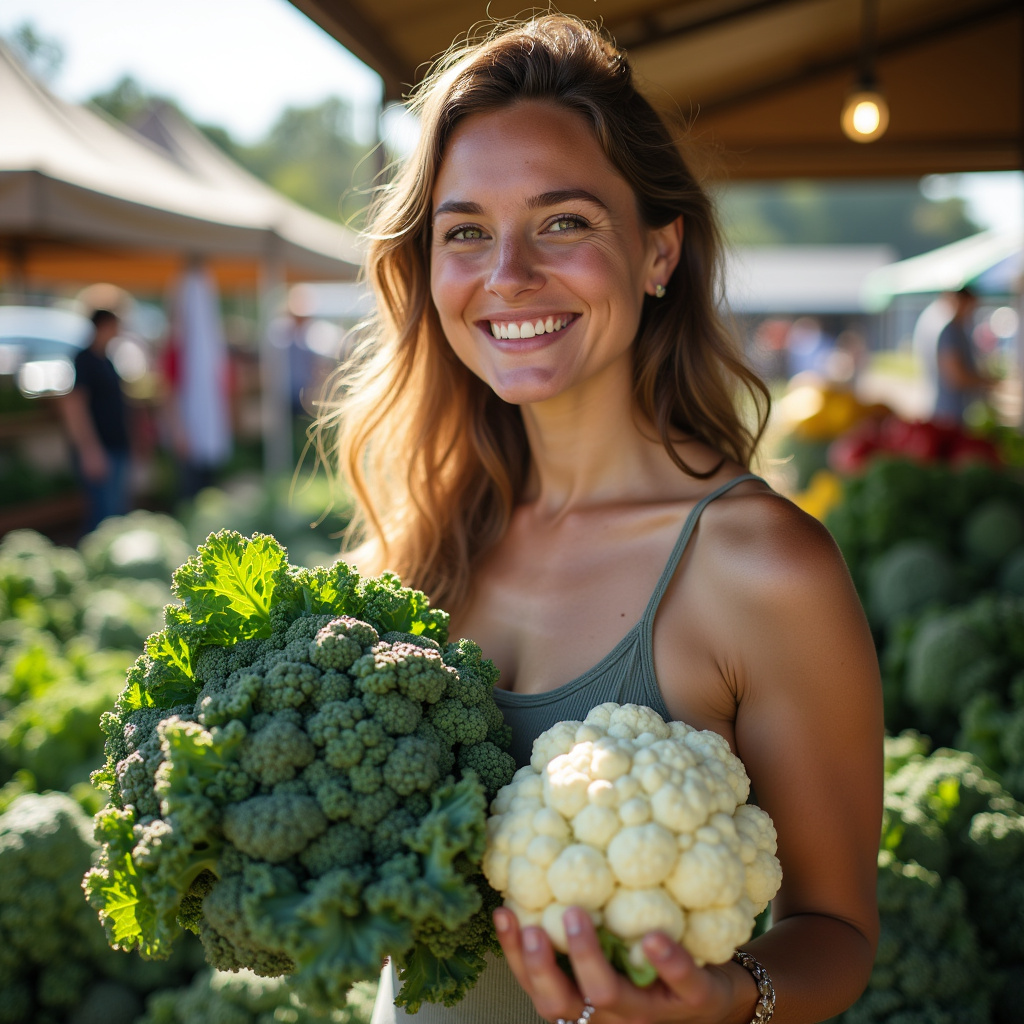 Woman smiling, holding kale and cauliflower at farmers market, bright sunny day, fresh produce, Mulher sorrindo com couve e couve-flor