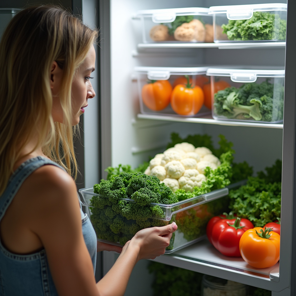 Woman storing kale and cauliflower in fridge, organized containers, fresh vegetables, lifestyle Armazenando couve e couve-flor na geladeira