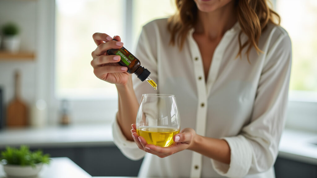 Woman using oregano oil for immunity, diluted in water, bright kitchen, healthy lifestyle, natural Mulher usando óleo de orégano para imunidade.