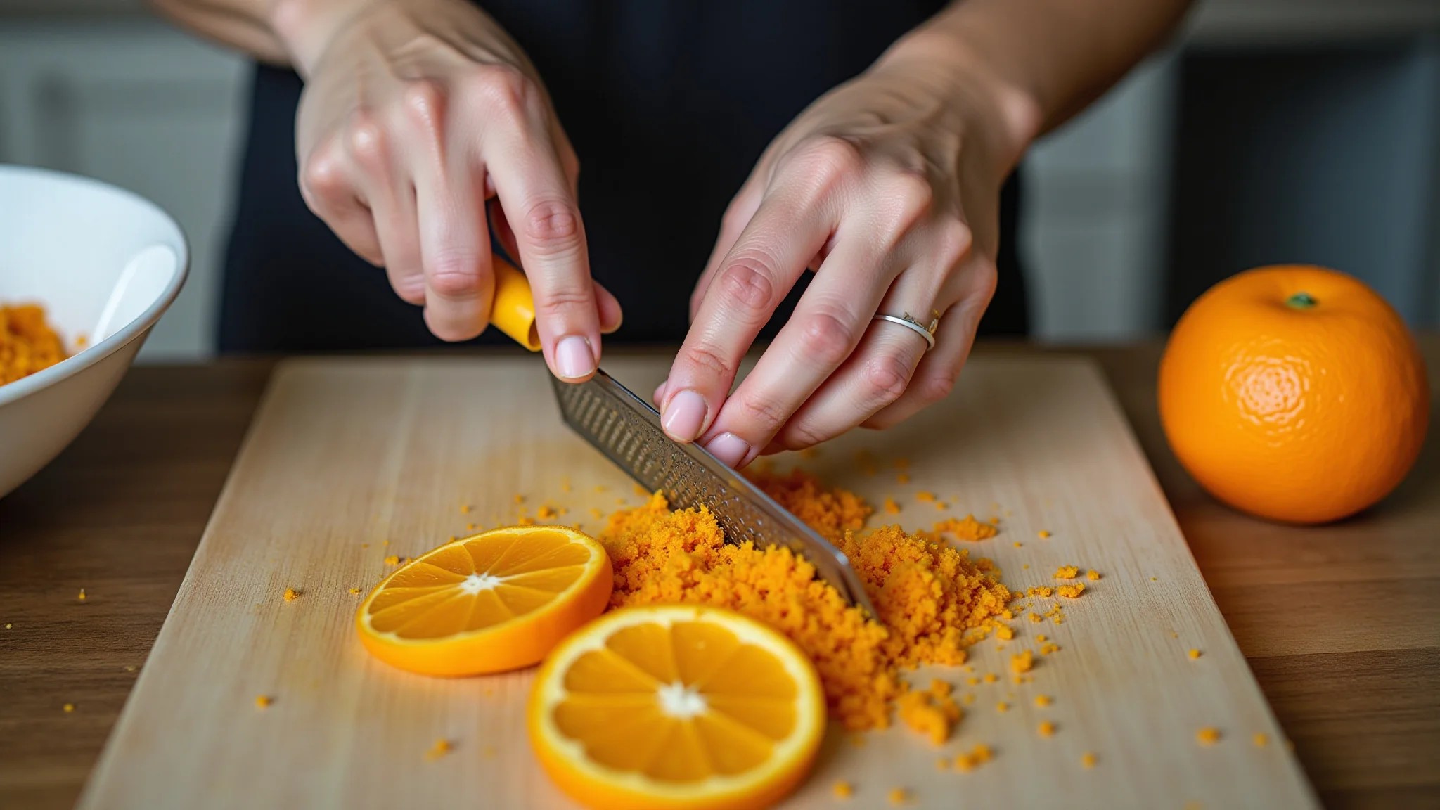 Mãos de mulher ralando casca de laranja em cozinha brasileira.