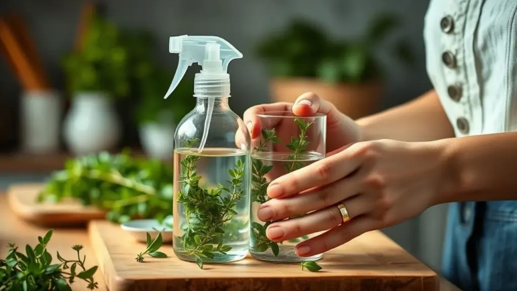 Woman's hands preparing a homemade oregano spray in a Brazilian kitchen, featuring a glass spray Mulher preparando aromatizador caseiro de orégano na cozinha.