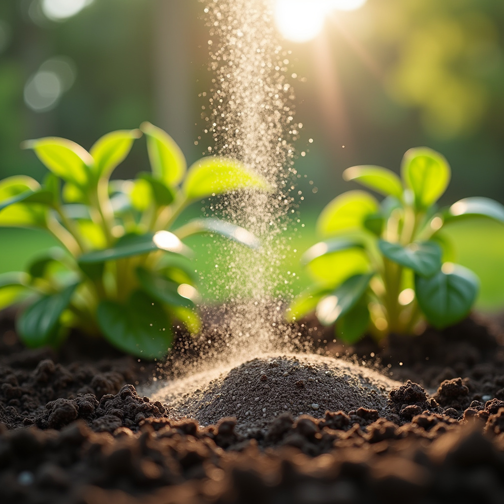 Wood ash being sprinkled on garden soil, healthy plants, natural light, 8K quality, sharp focus, Cinzas de madeira sendo usadas como adubo em horta.