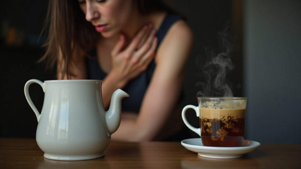 Worried woman holding her stomach, senna tea nearby, focus on discomfort, dramatic lighting, 8k, Efeitos colaterais do chá de sene: o que você precisa saber.