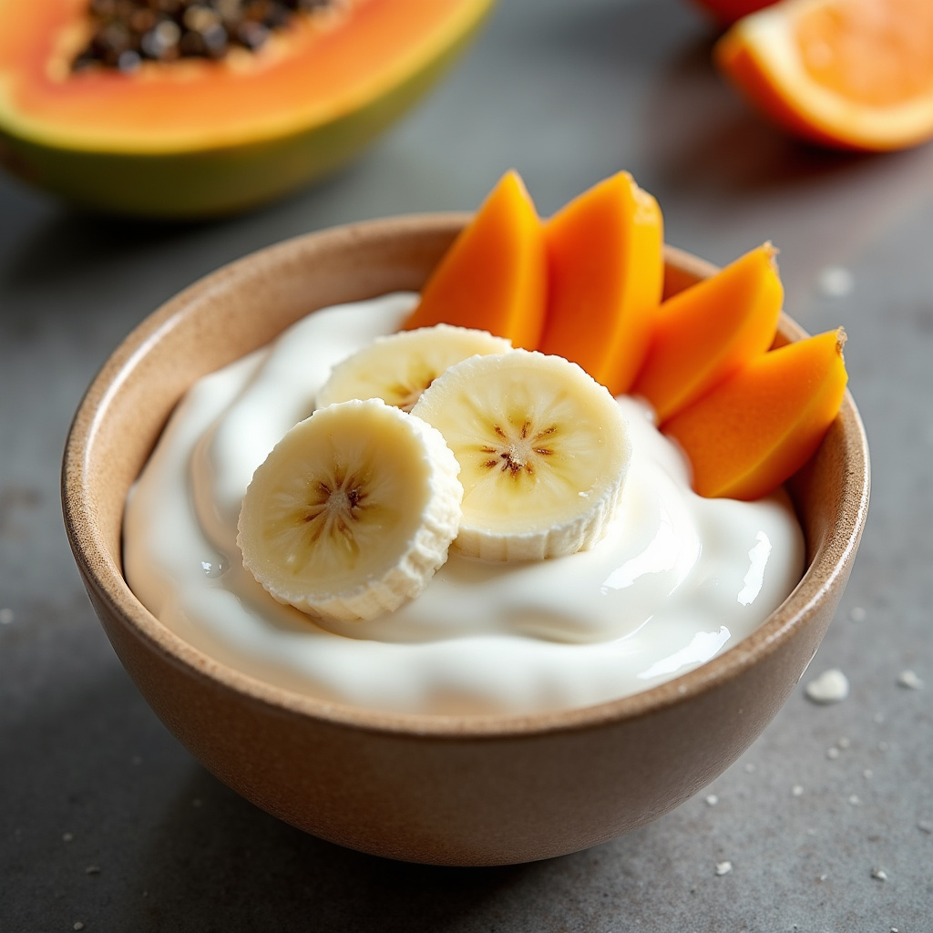 Yogurt with banana and papaya slices in a bowl. Brazilian style, 8k quality, sharp focus, natural Iogurte com banana e mamão.