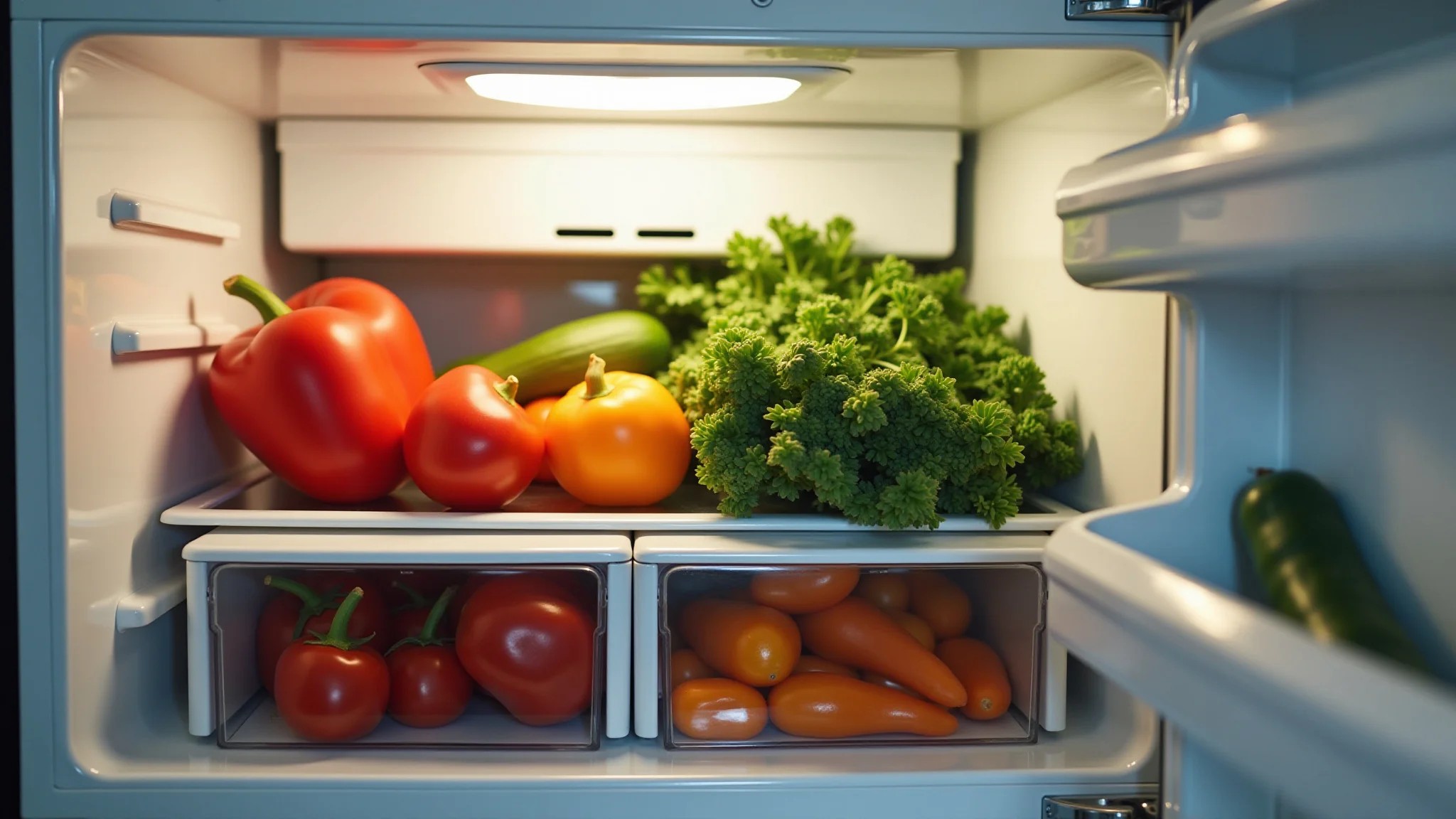 Geladeira organizada com verduras armazenadas no método do papel toalha.