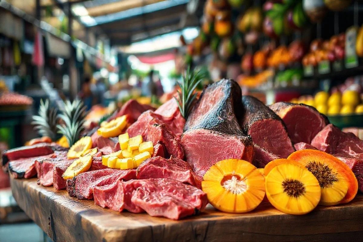 Variedade de cortes de carne com abacaxi e mamão para amaciar.