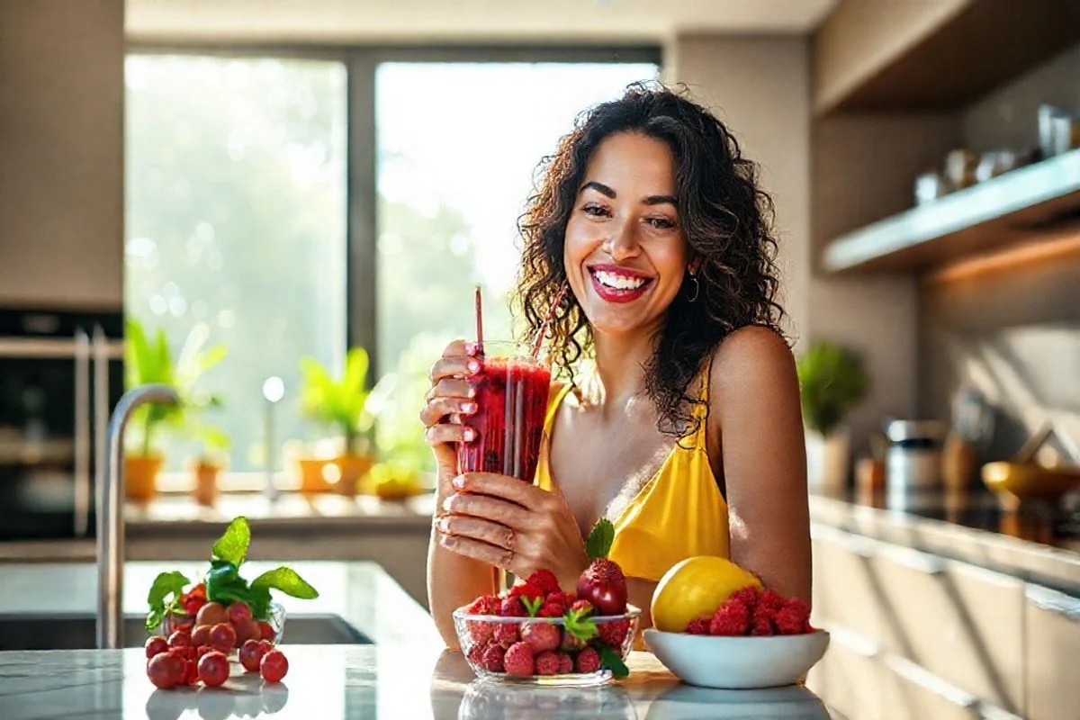 Mulher brasileira saboreando smoothie de hibisco com frutas vermelhas na cozinha.
