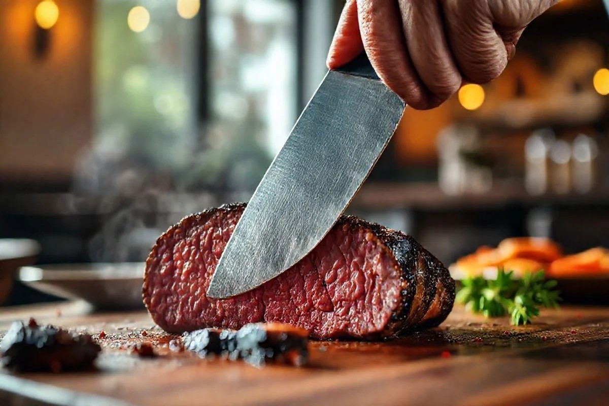 Chef cortando bife macio após amaciamento com abacaxi.