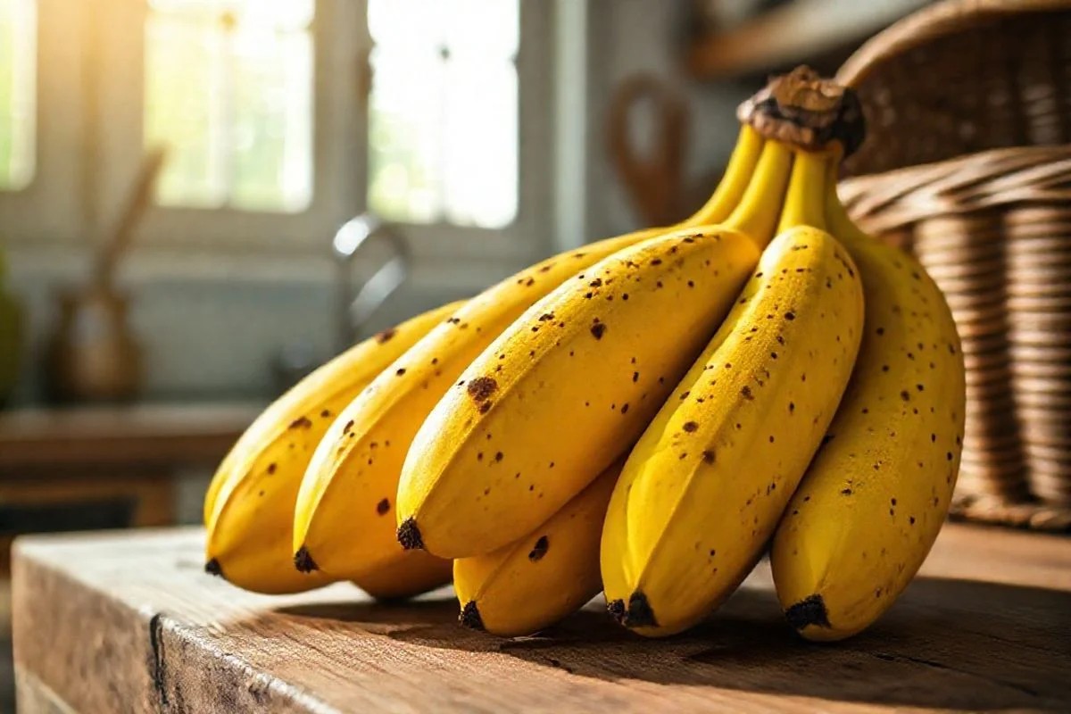 Bananas maduras com pintas em balcão de madeira. Ingredientes para torta de banana.
