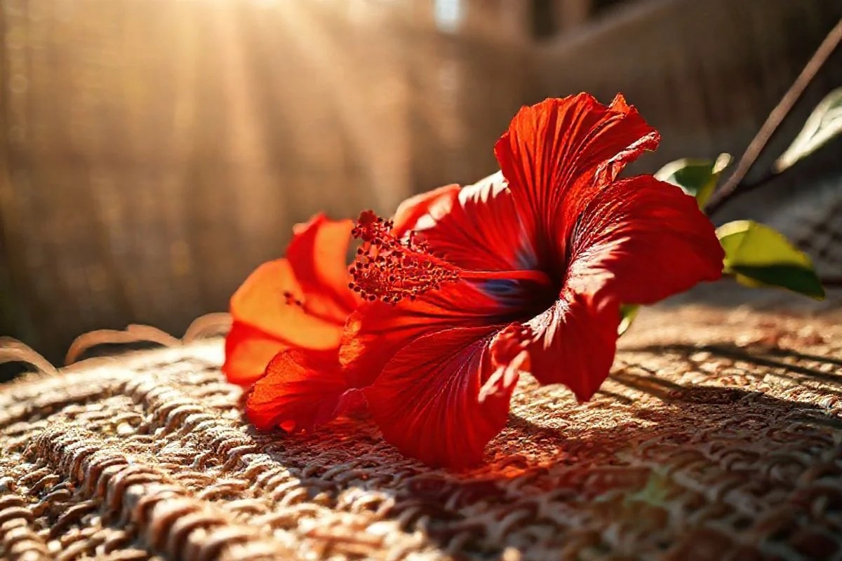 Flores de hibisco vermelhas secando ao sol sobre tecido artesanal brasileiro.