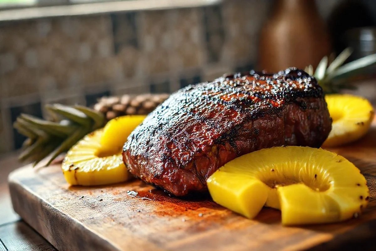 Bife suculento com abacaxi, pronto para ser amaciado. Cozinha brasileira.