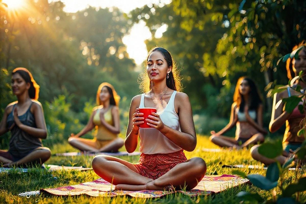 Mulher brasileira diversa praticando yoga ao ar livre com chá de hibisco.