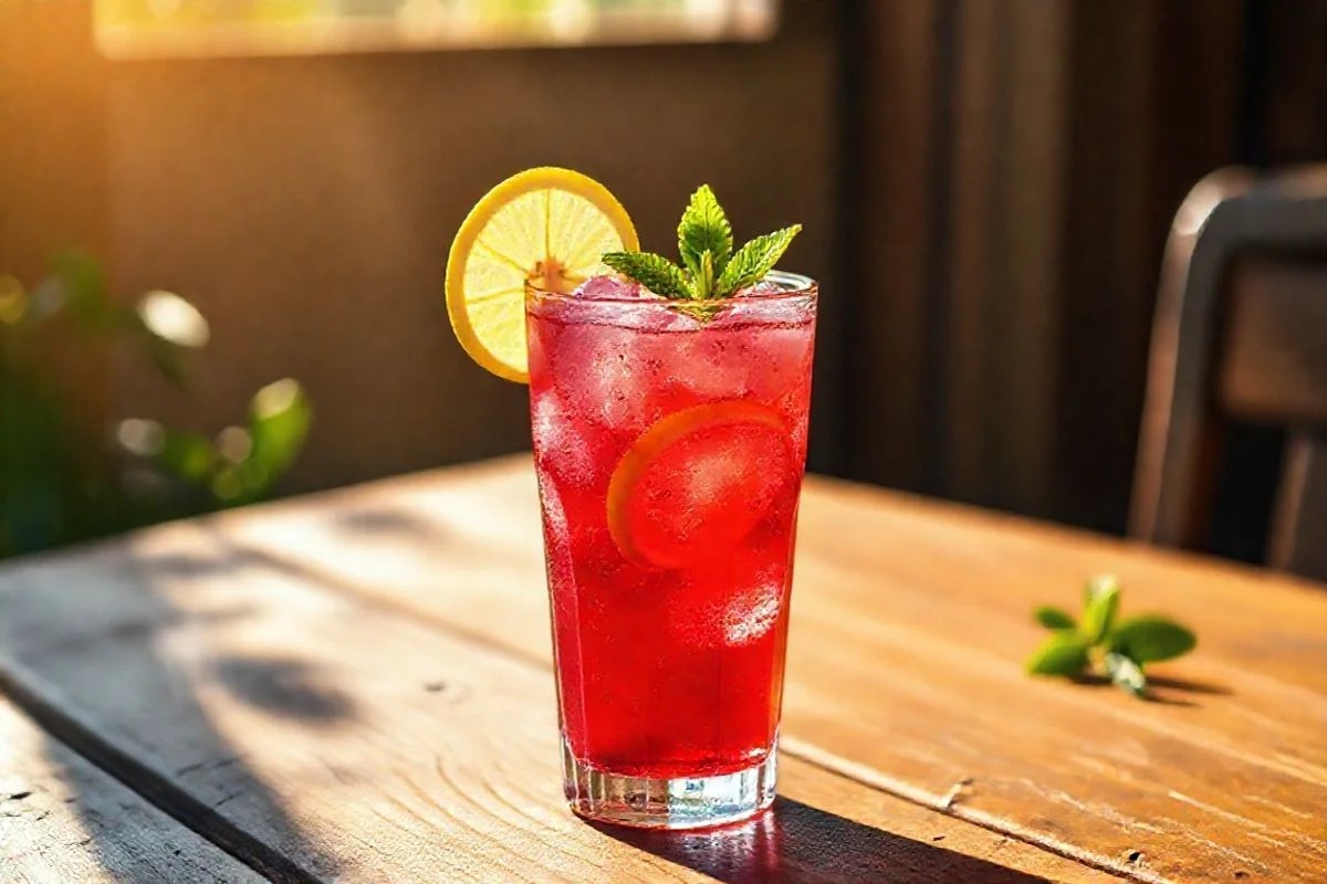 Copo de chá gelado de hibisco com limão e hortelã em mesa de madeira.